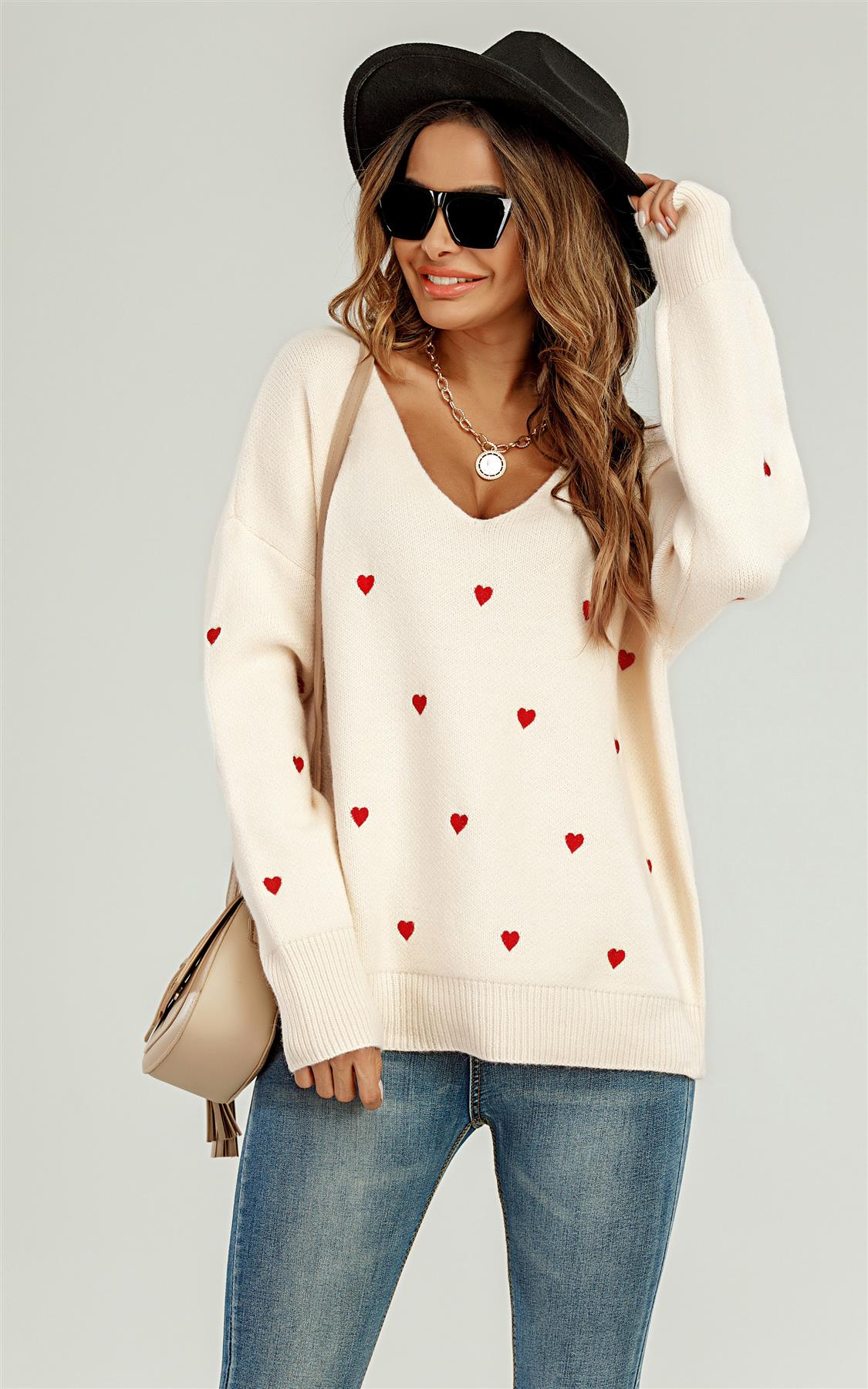 Embroidery Red Heart V Neck Jumper In Cream