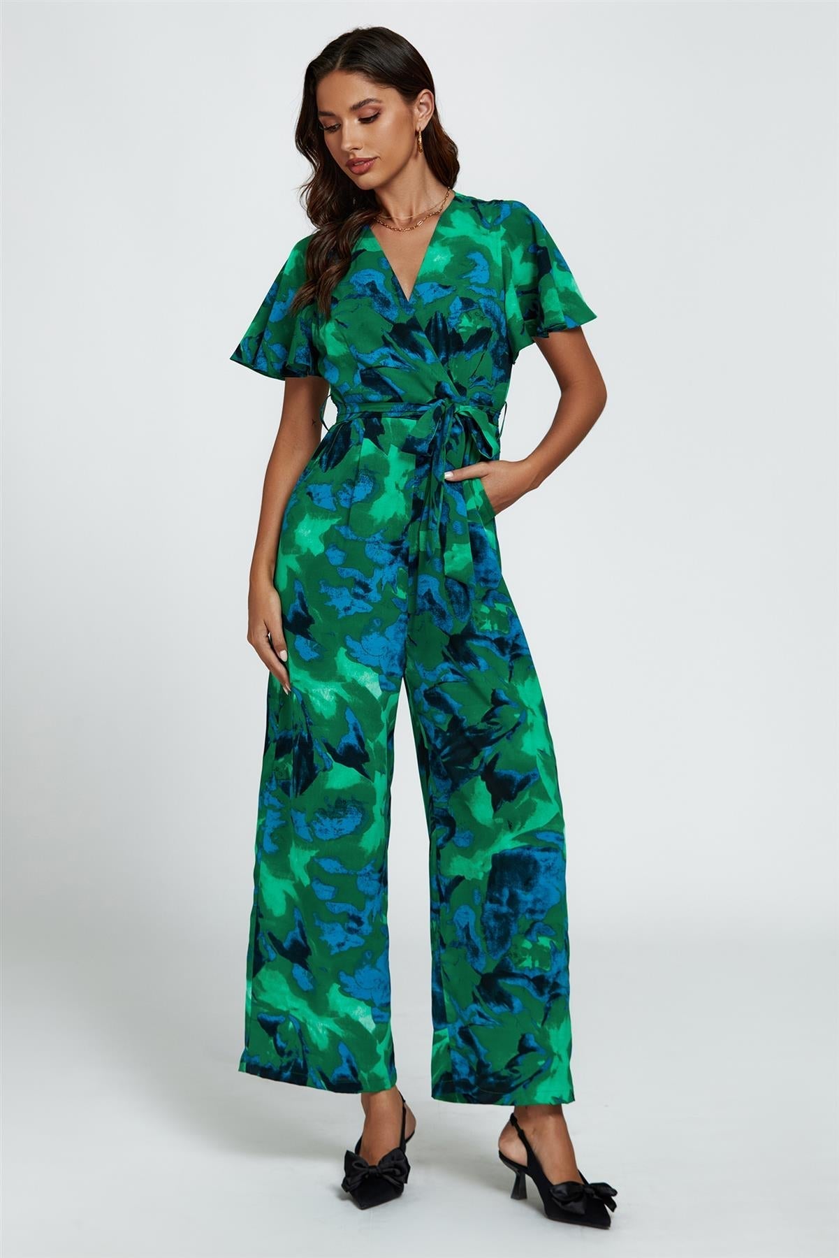 Abstract Print Wrap Top Jumpsuit In Green