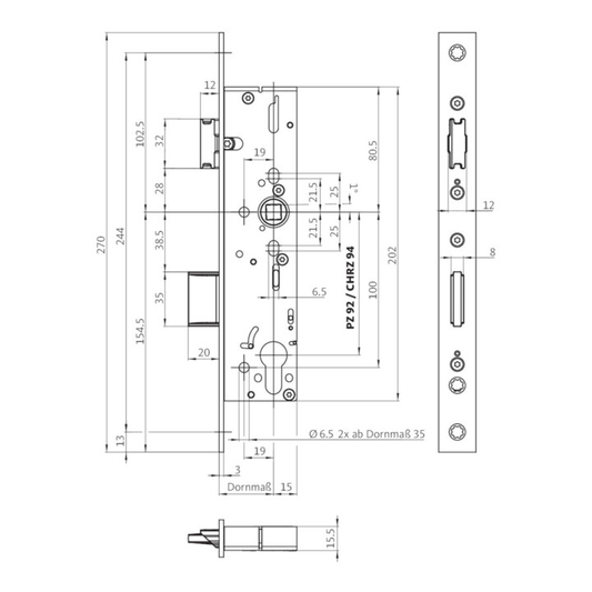 B-flokks BKS neyðarlás með innfelldu lási, neyðarútgangshurðarkarmi úr ryðfríu stáli, 9 mm og 270 mm