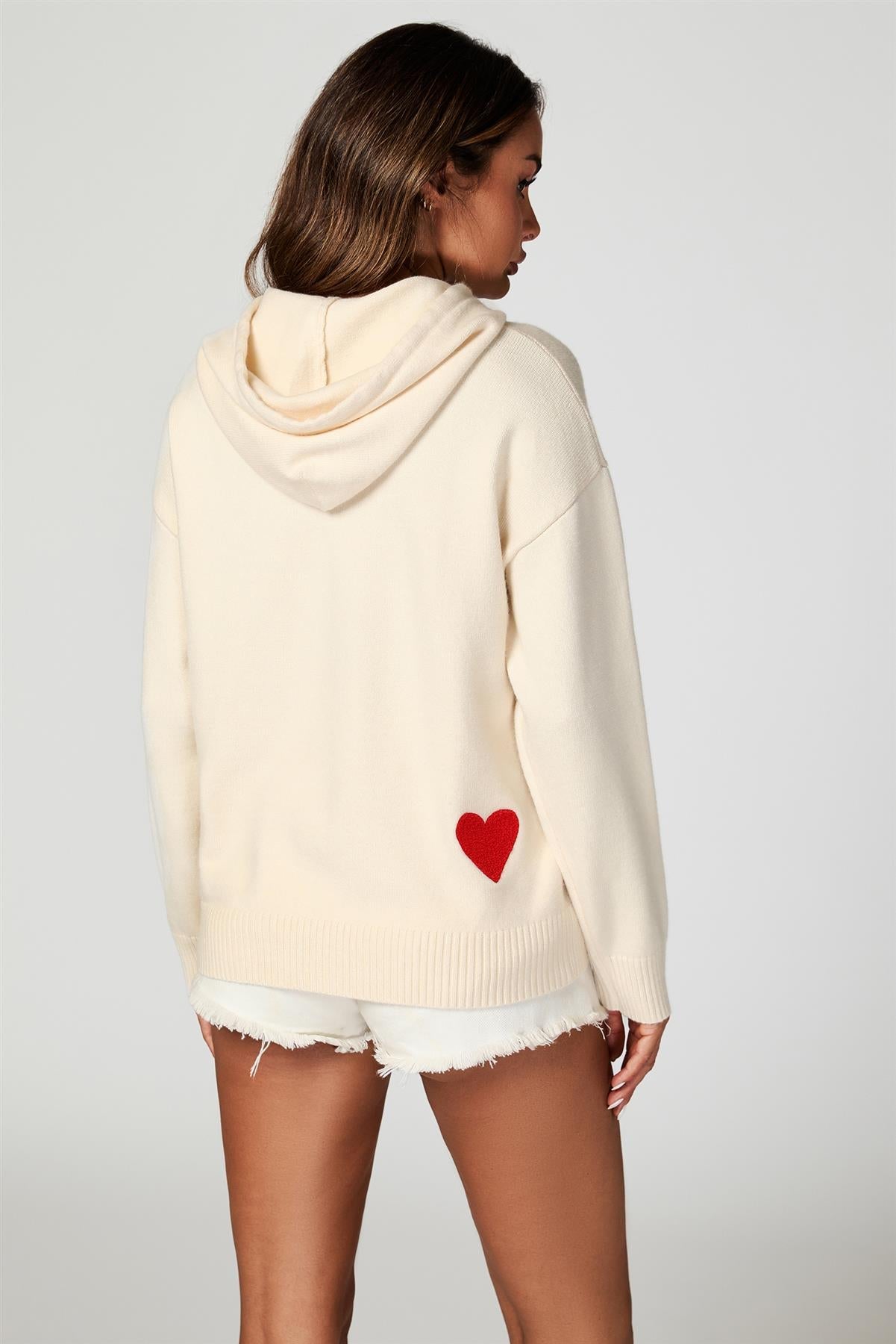 Heart Embroidery Knitted Hoodie In Cream