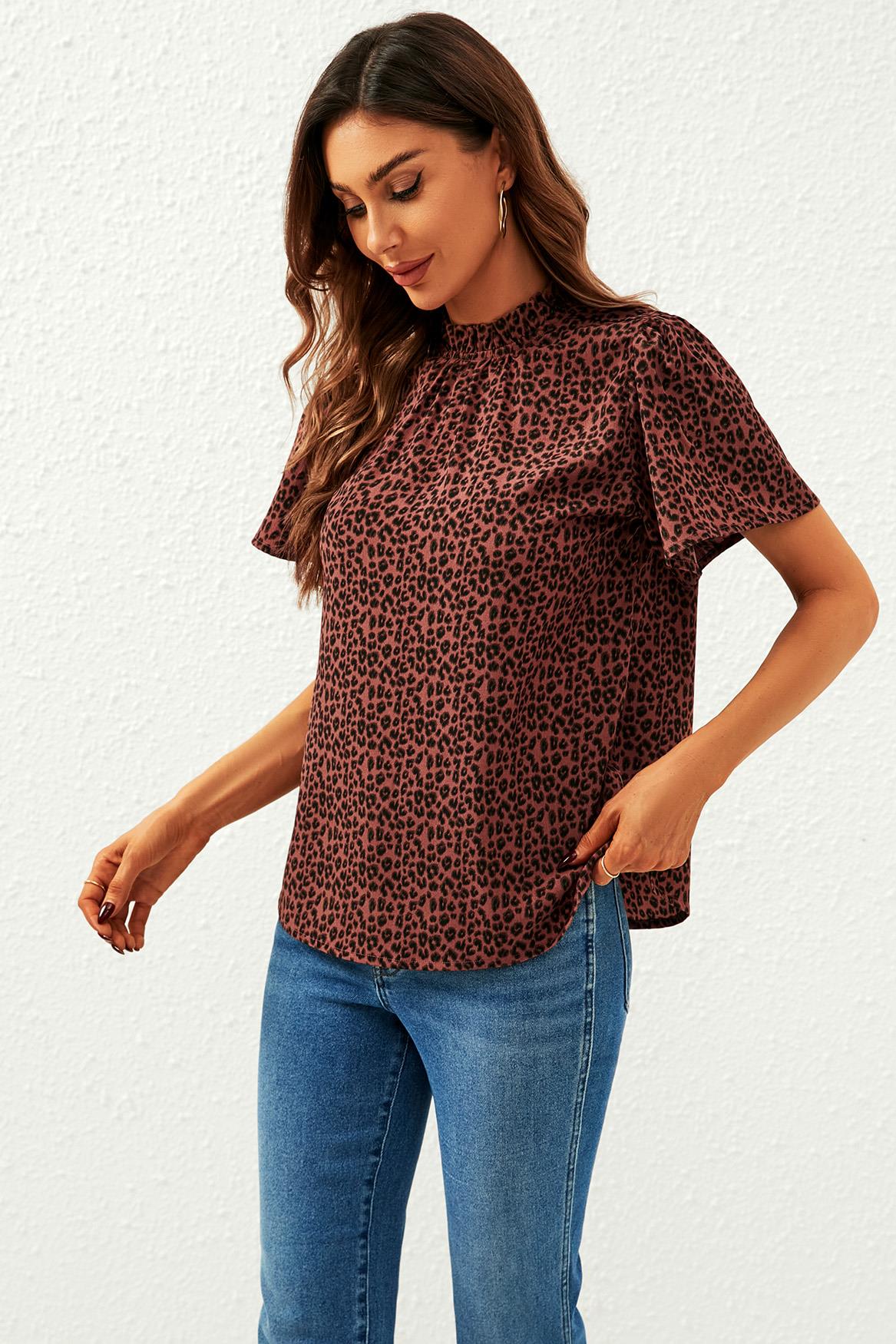 Leopard Print Angel Sleeve High Neck Top/Blouse In Rusty