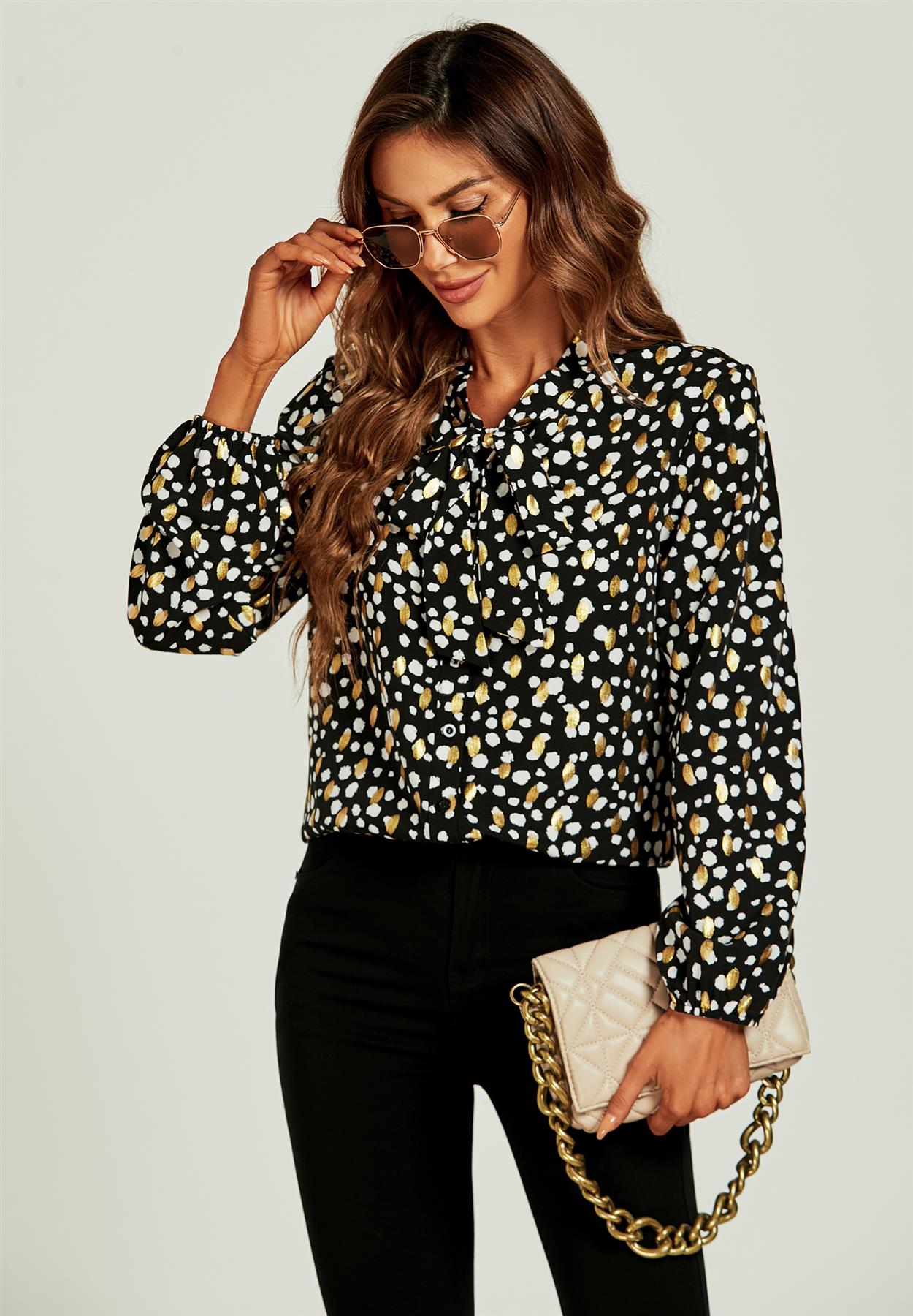 Gold Foil Leopard Print Pussy Bow Blouse/Top In Black