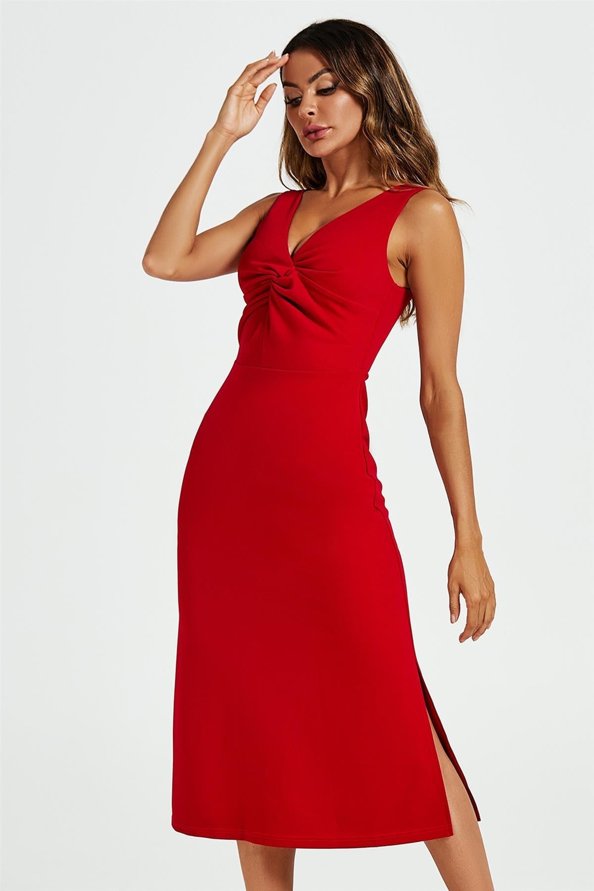 V Neck Knot Front Midi Dress In Red 