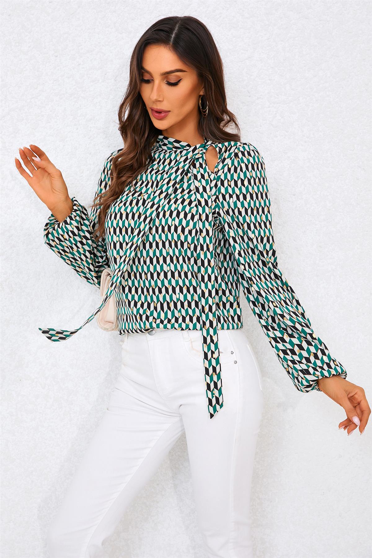 Geo Print Side Tie Blouse Top In Green