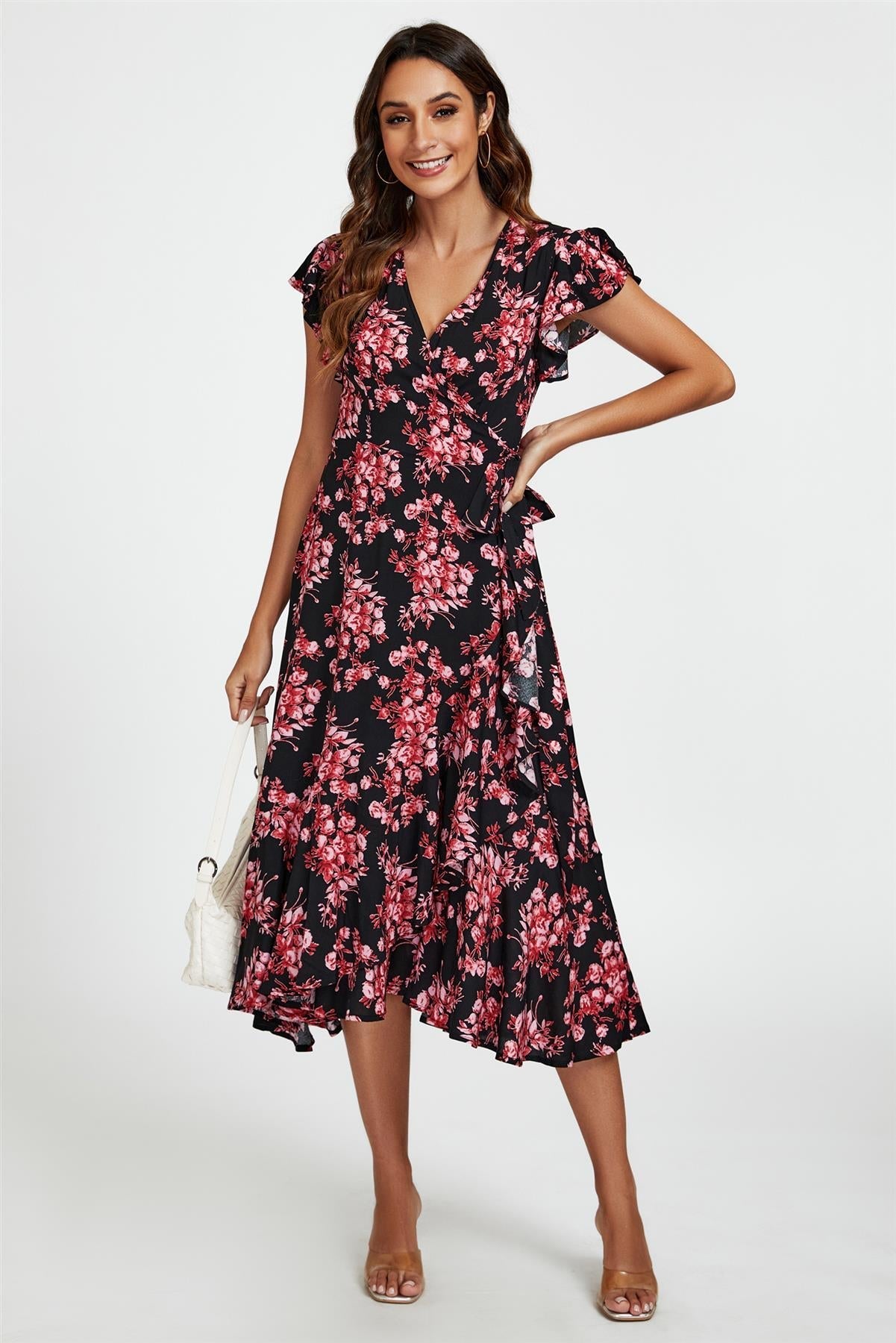 Pink Floral Frill Sleeve Midi Wrap Dress In Black 