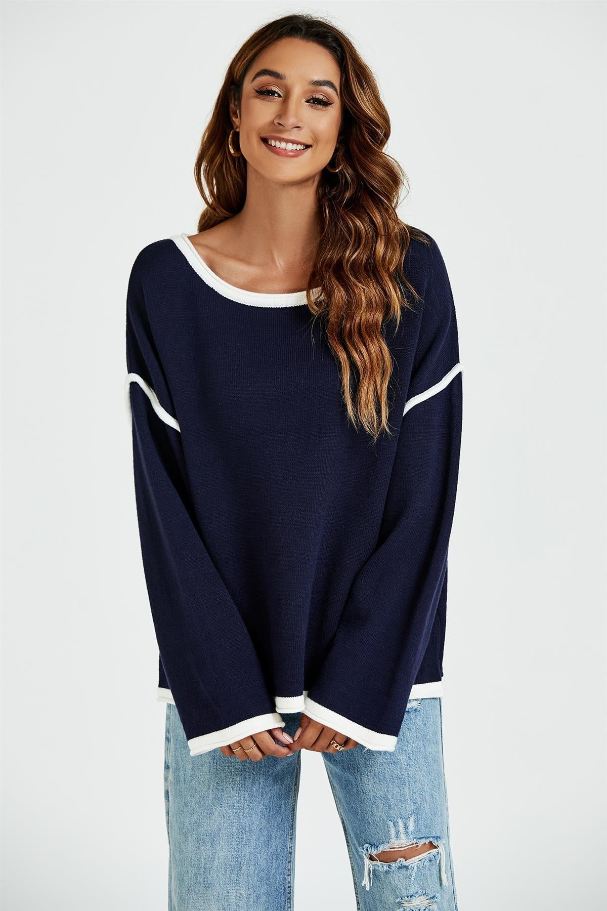 White Striped Oversized Jumper Top In Navy