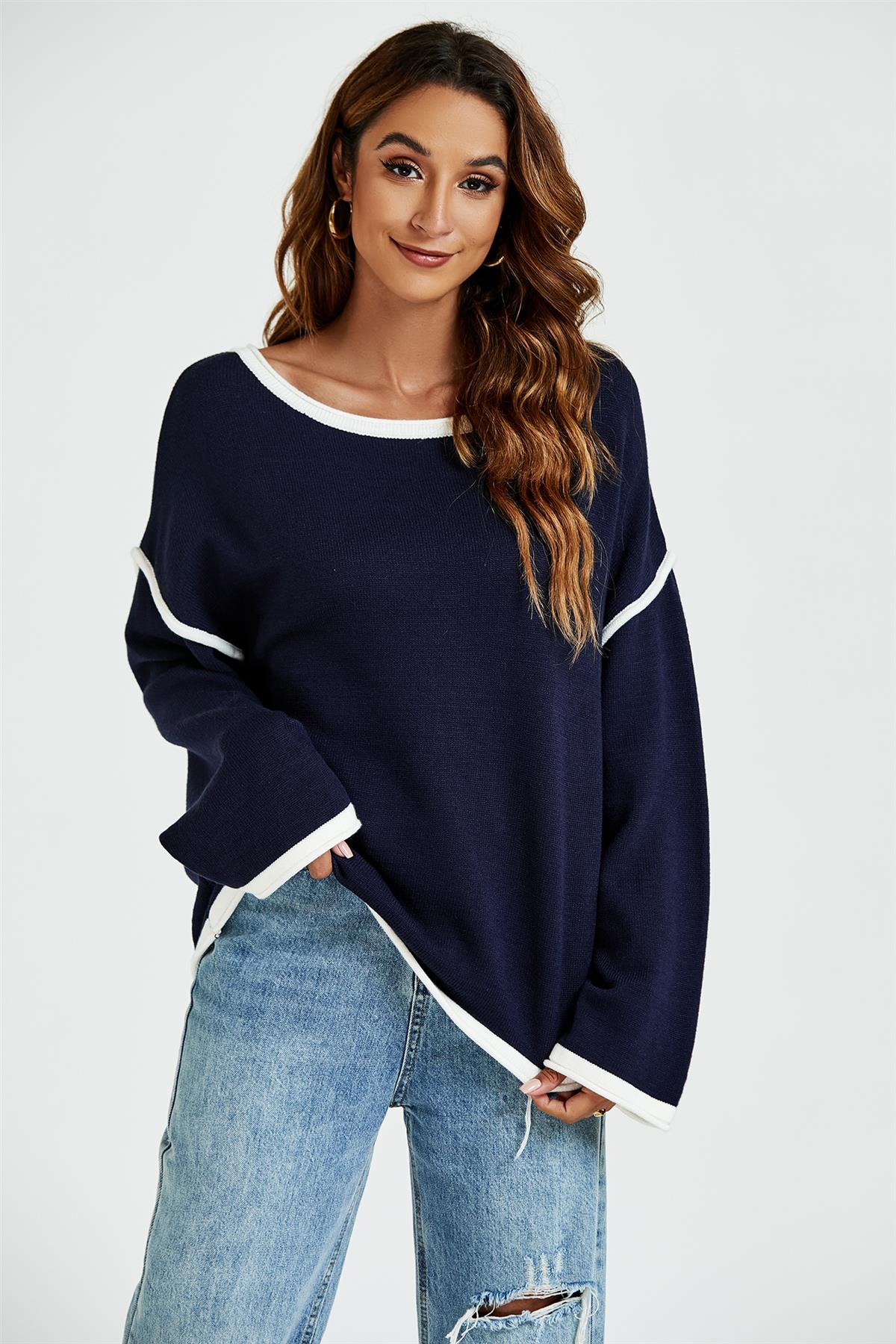 White Striped Oversized Jumper Top In Navy