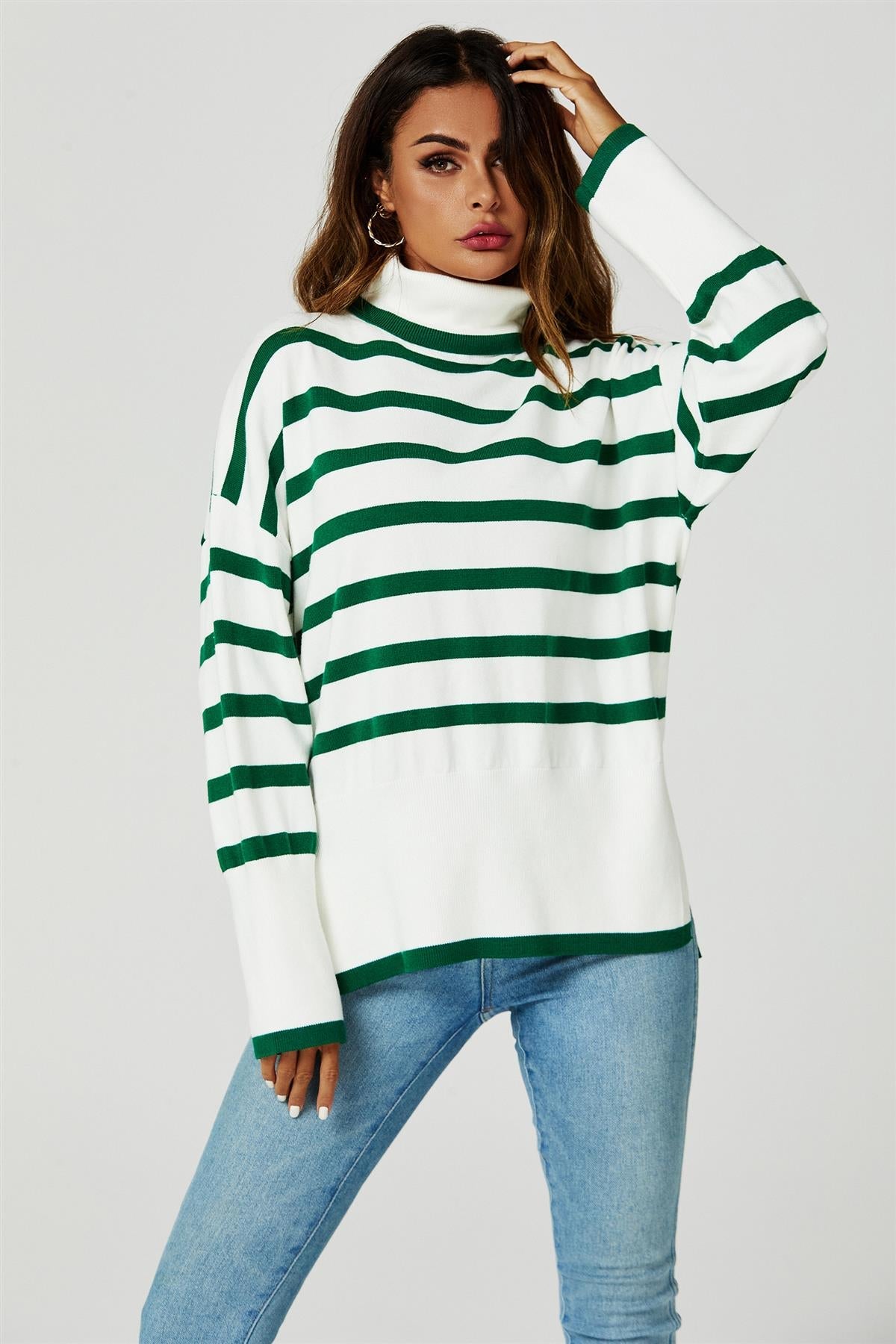 Stripes Pattern Turtleneck Jumper Top In Green 