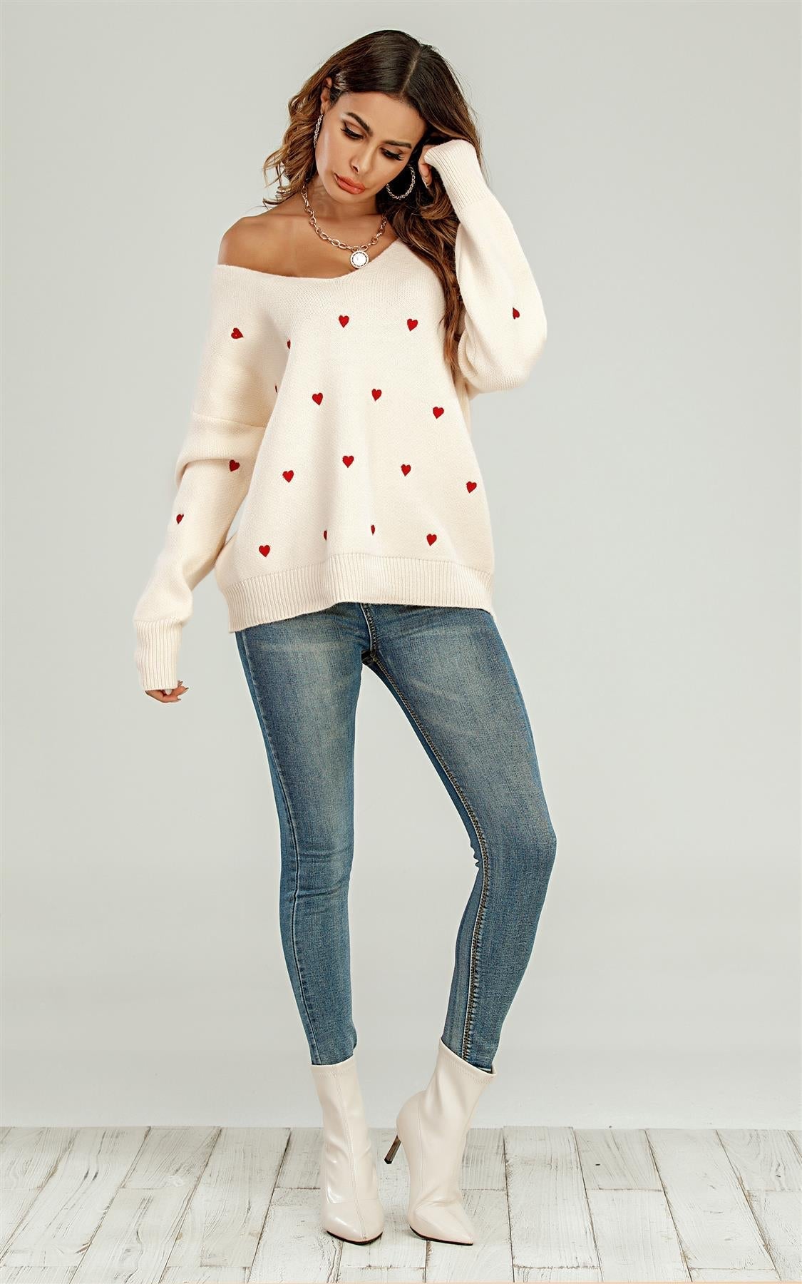 Embroidery Red Heart V Neck Jumper In Cream
