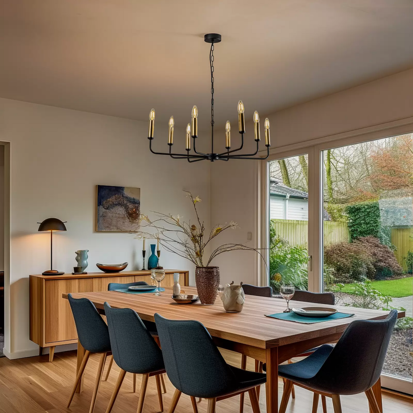 Ampli ljósakróna í B-flokki, svört og gullin, 8-ljósa loftljós, hengiljós, 277