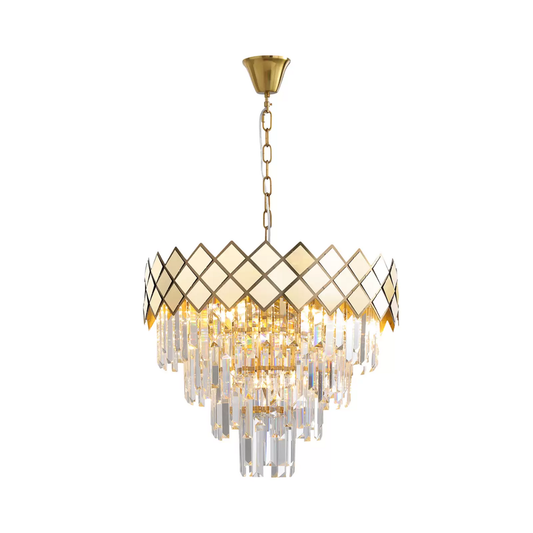 B-flokks hengilampi Carisma, málmur, gulllitaður, glerkristallar, ø 50 cm, loftlampi