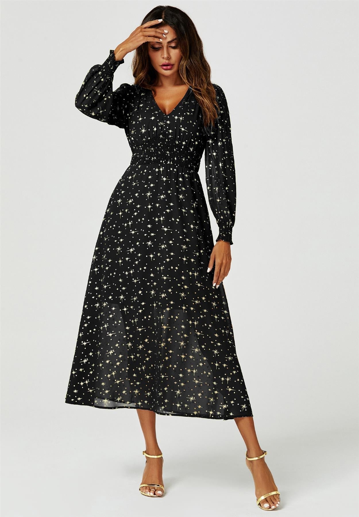 Gold Star Foil Long Sleeve Maxi Dress In Black