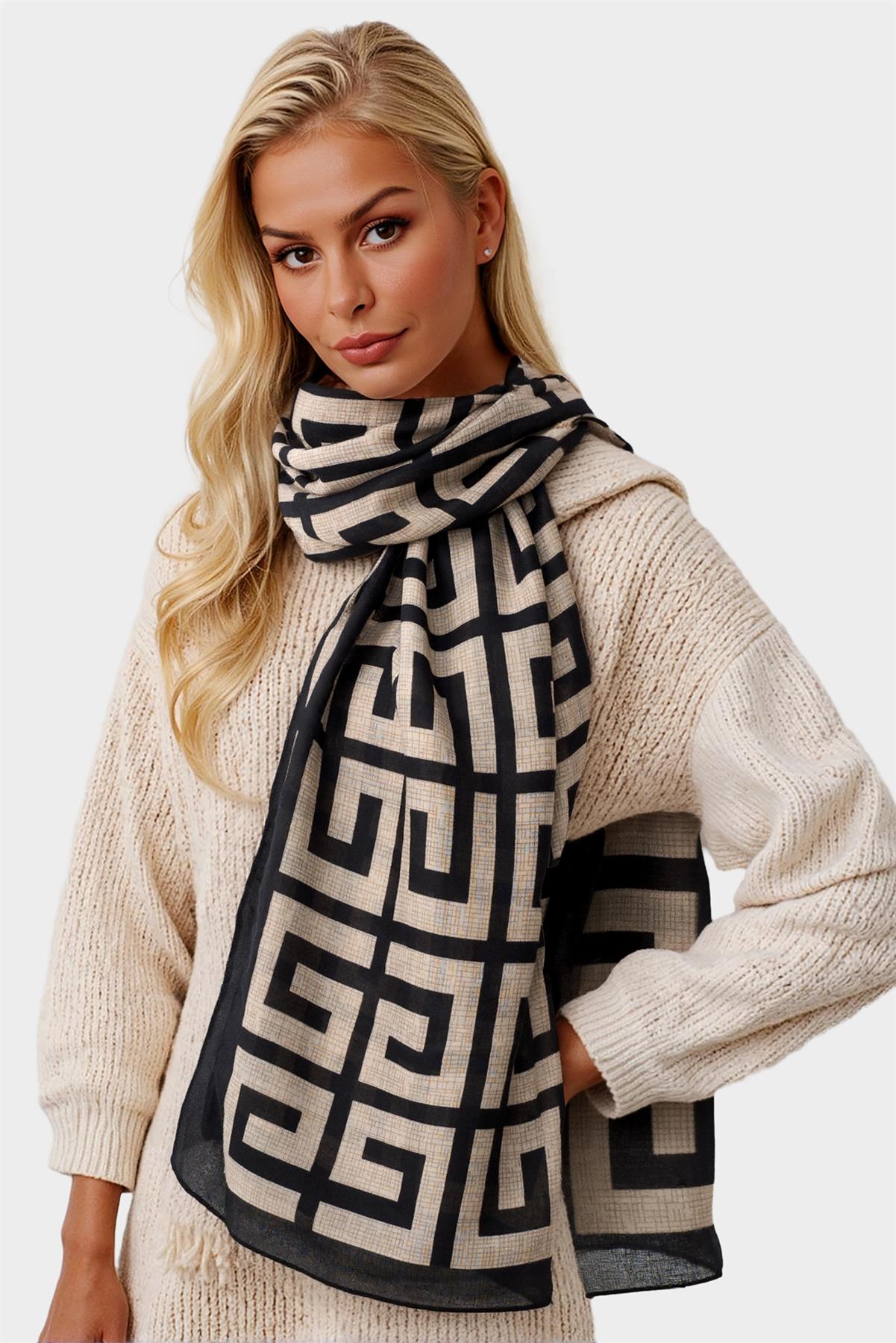 Geo Print Scarf In Beige &amp; Black