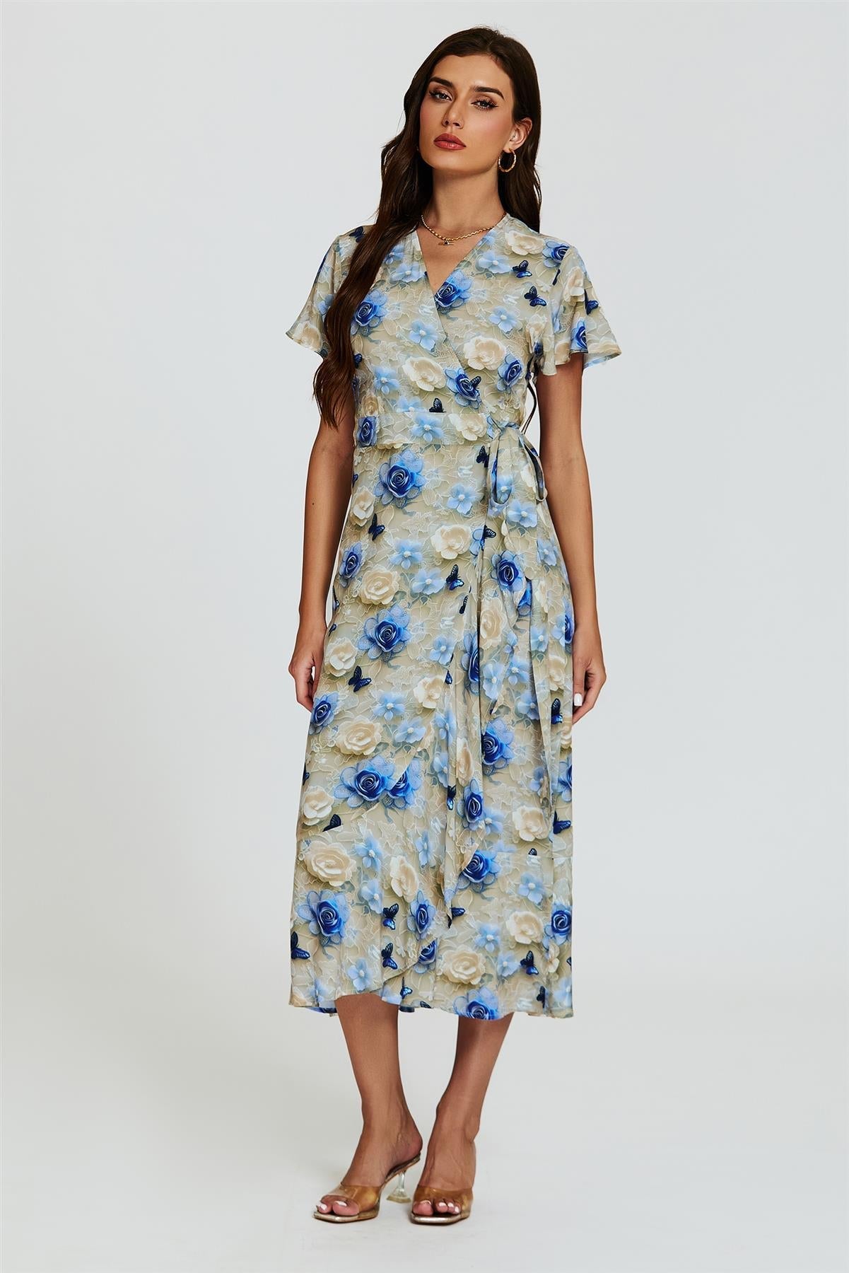 Floral Print Wrap Hem Midi Dress In Beige