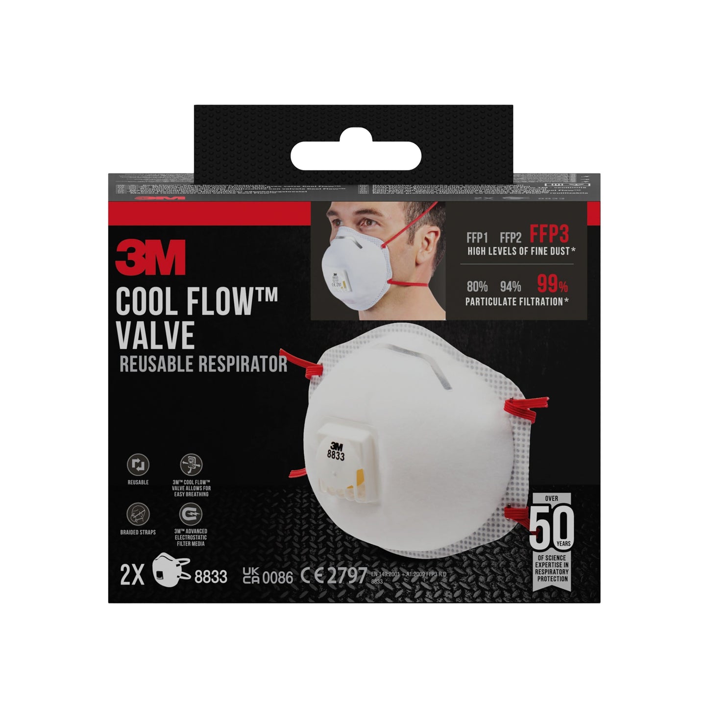 3M™ Cool Flow™ Partikelmaske 8833, FFP3, mit Ventil, 2er-Packung  | Packung (1 Stück)