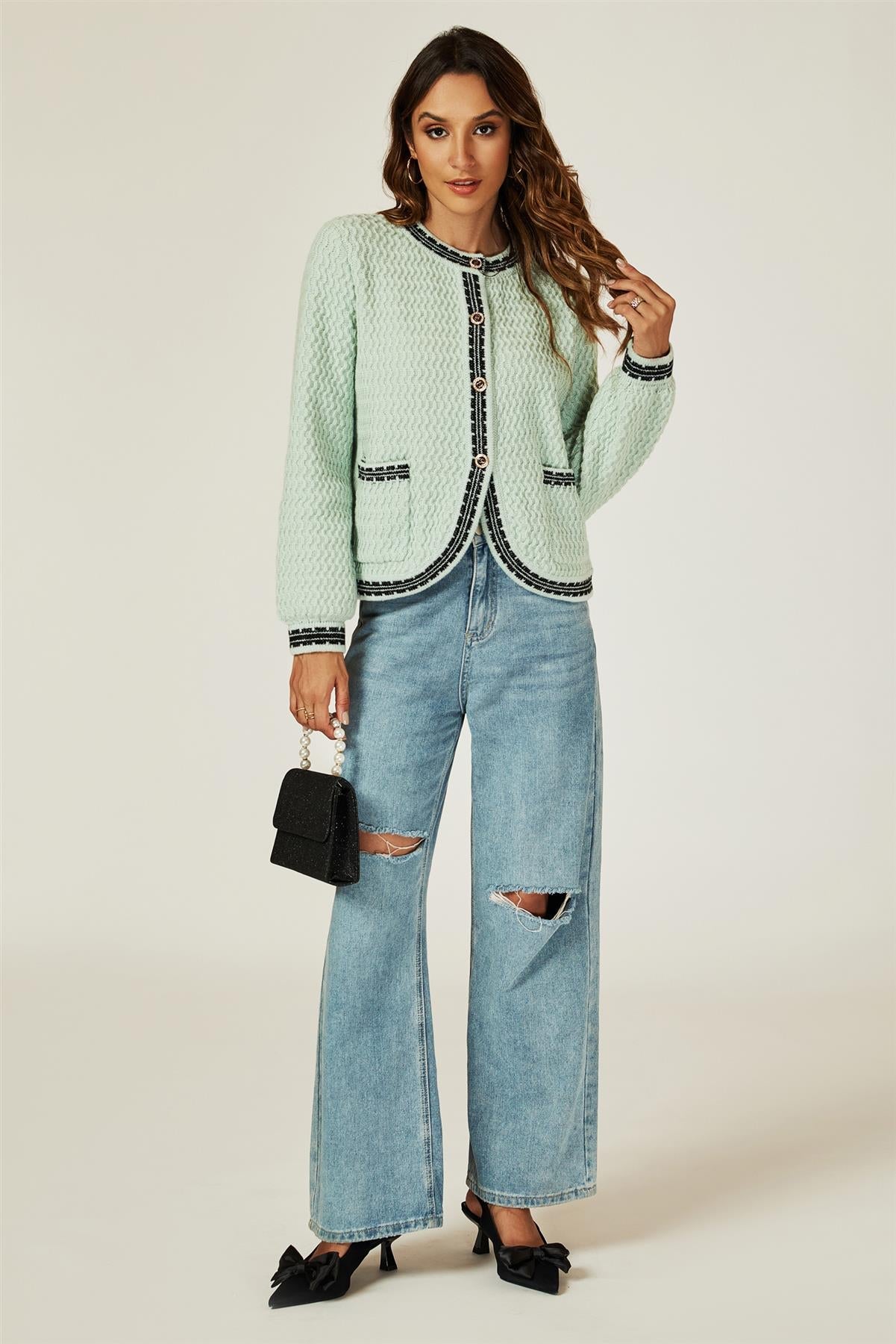 Pocket Knit Cardigan In Gray Green