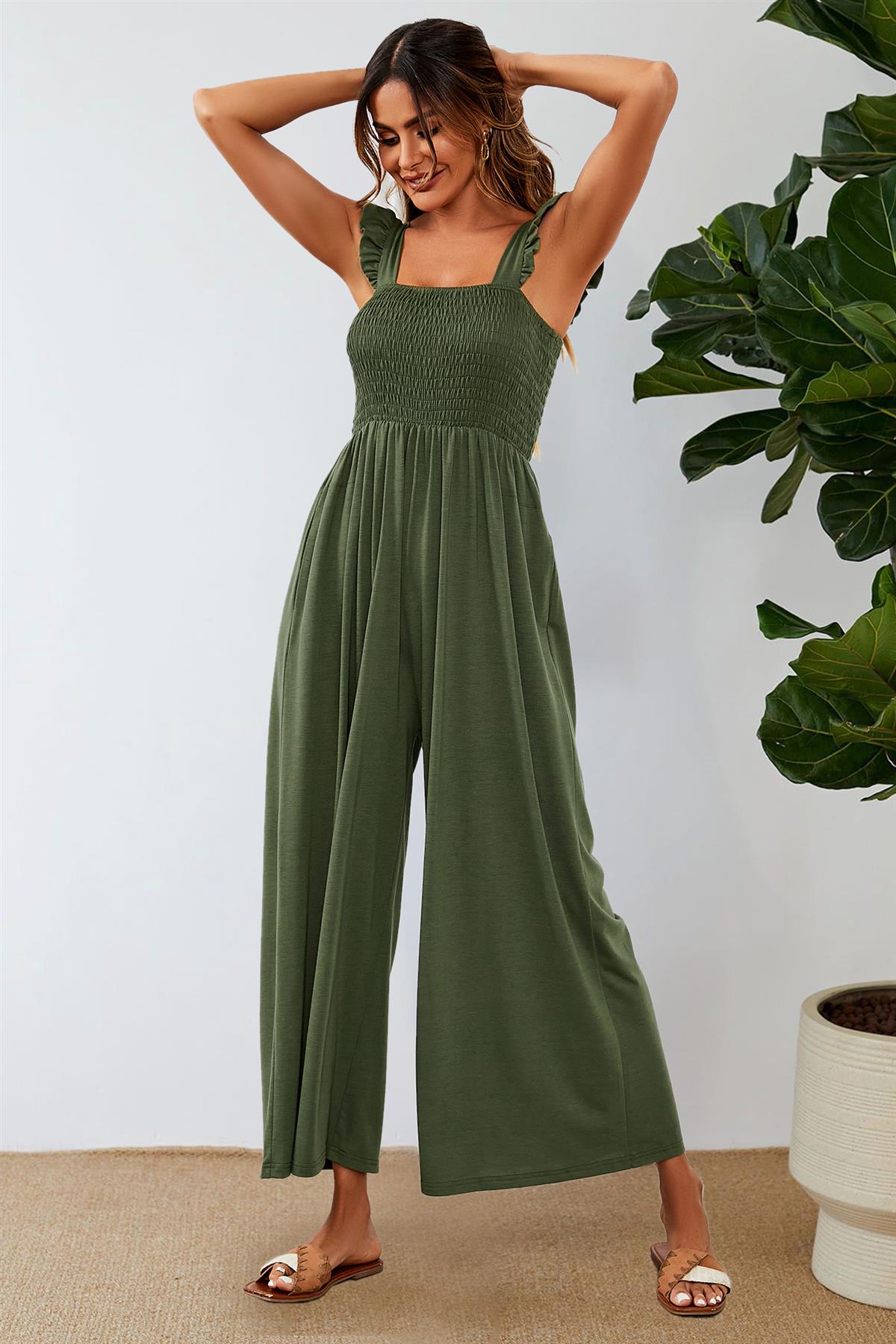 Frill Detail Strappy Jumpsuit In Olive 