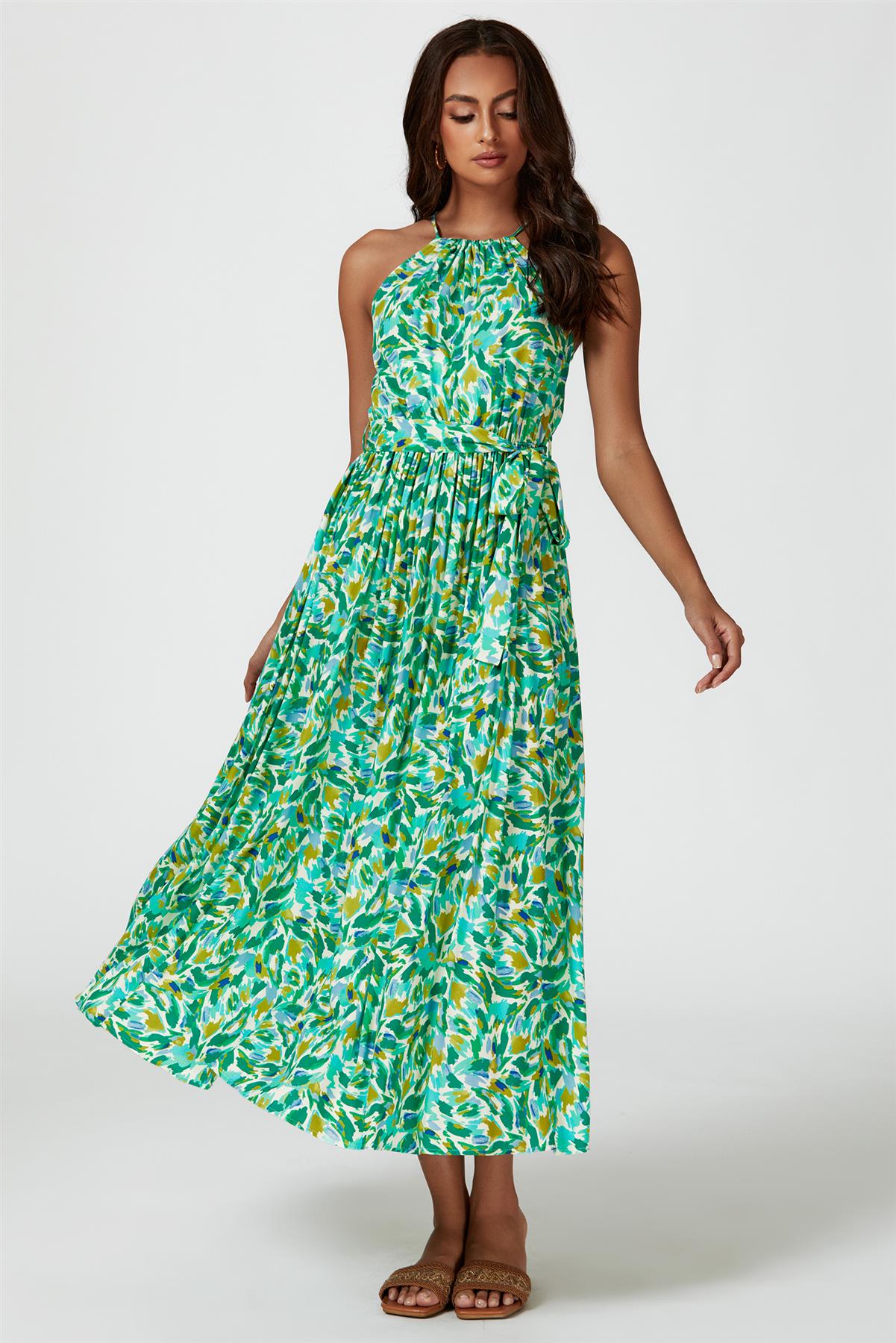 Abstract Print Tie Halterneck Maxi Dress In Green