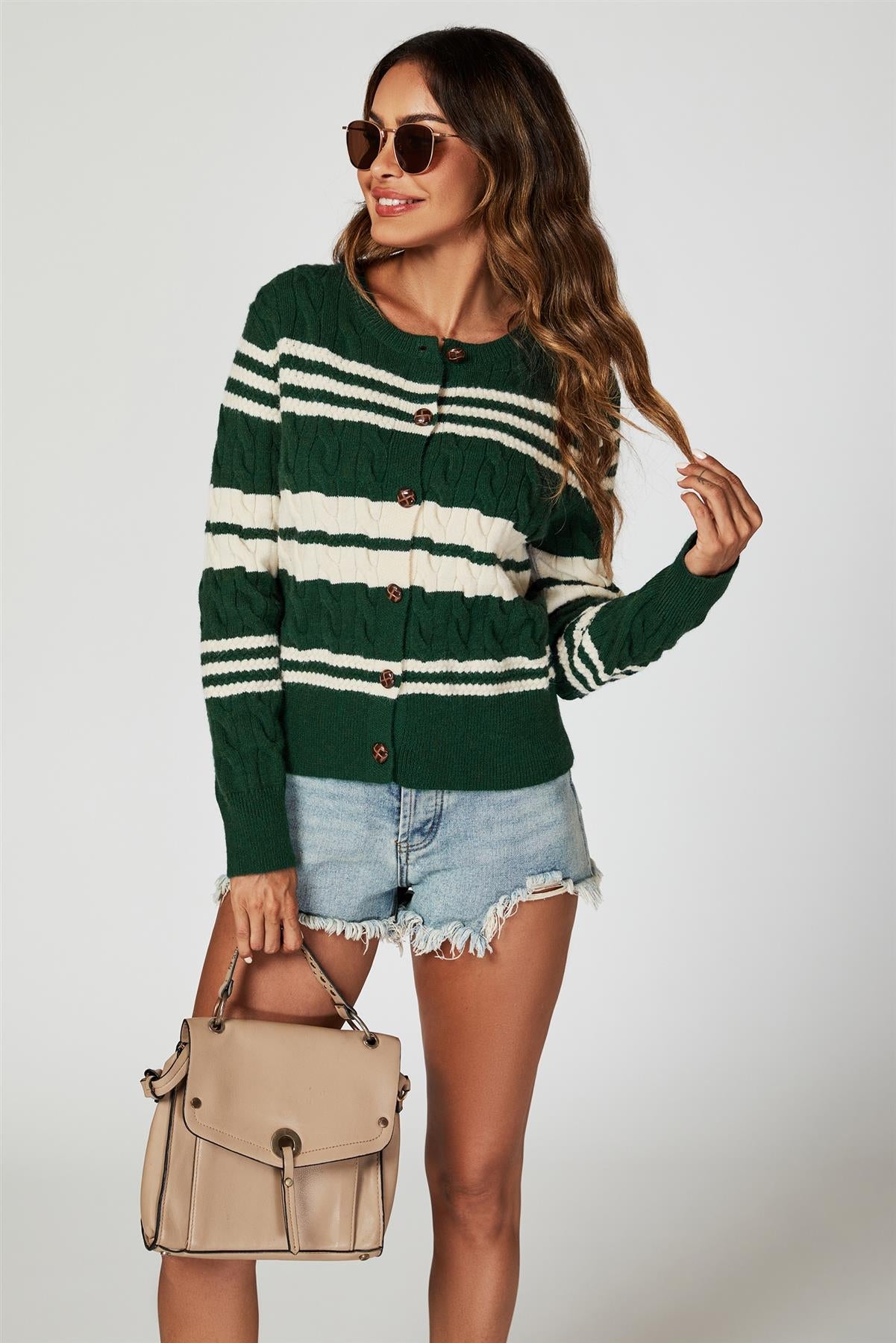 Stripe Pattern Knitted Cardigan In Green