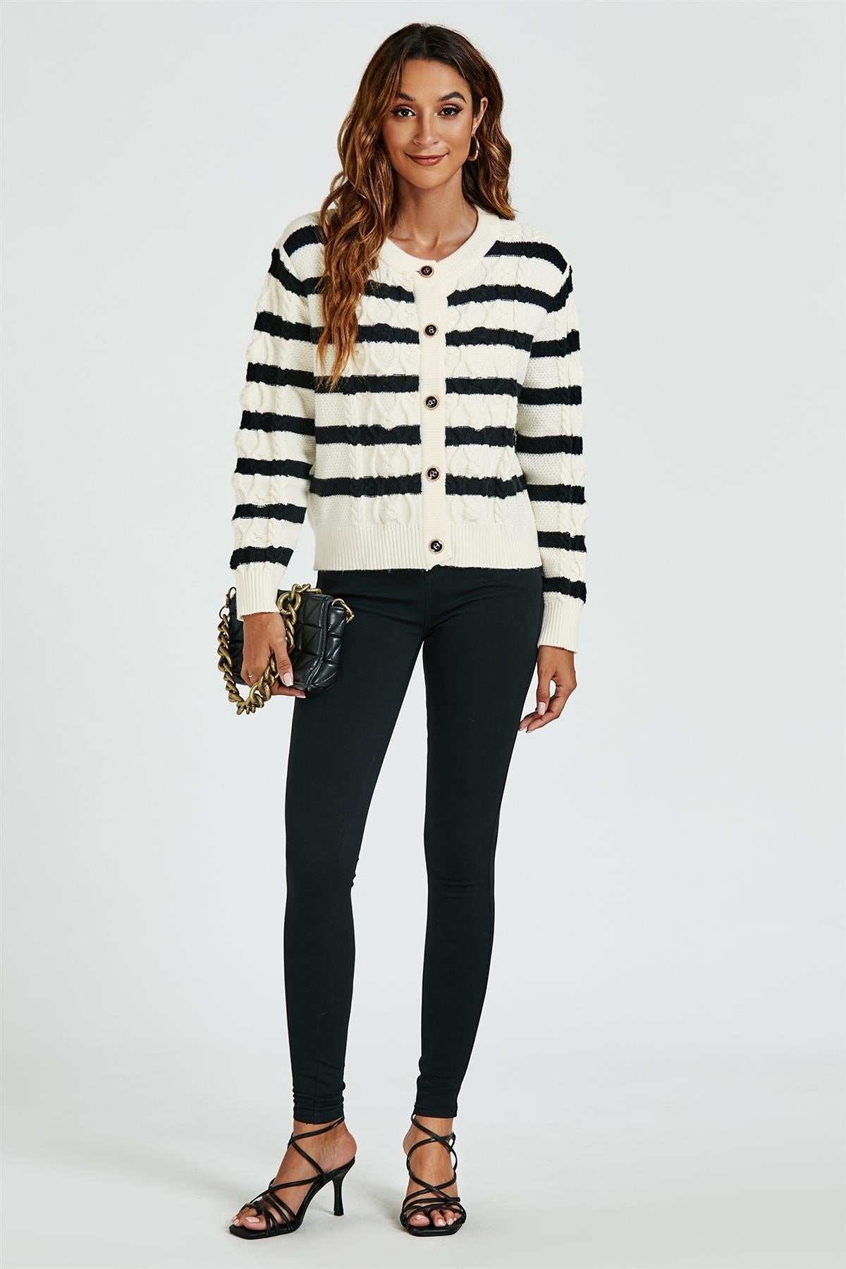 Stripe Pattern Knitted Cardigan In Black