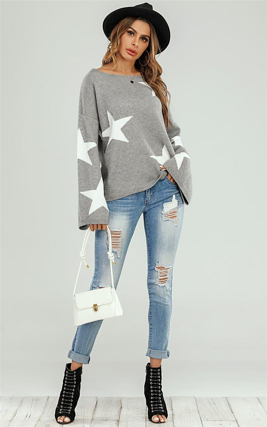 Wide Sleeve Oversized Gray Jumper With White Star