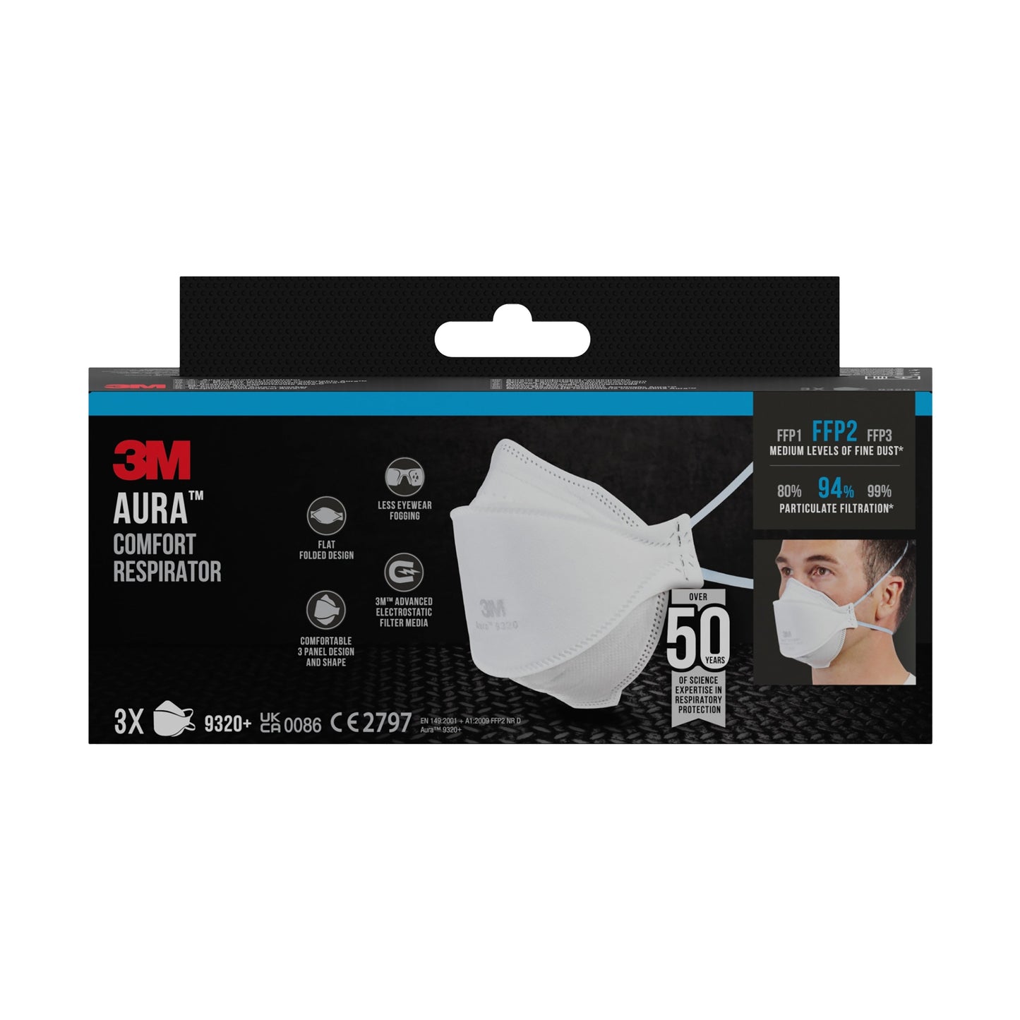 3M™ Aura™ Komfort-Partikelmaske 9320+, FFP2, ohne Ventil, 3er Packung | Packung (1 Stück)