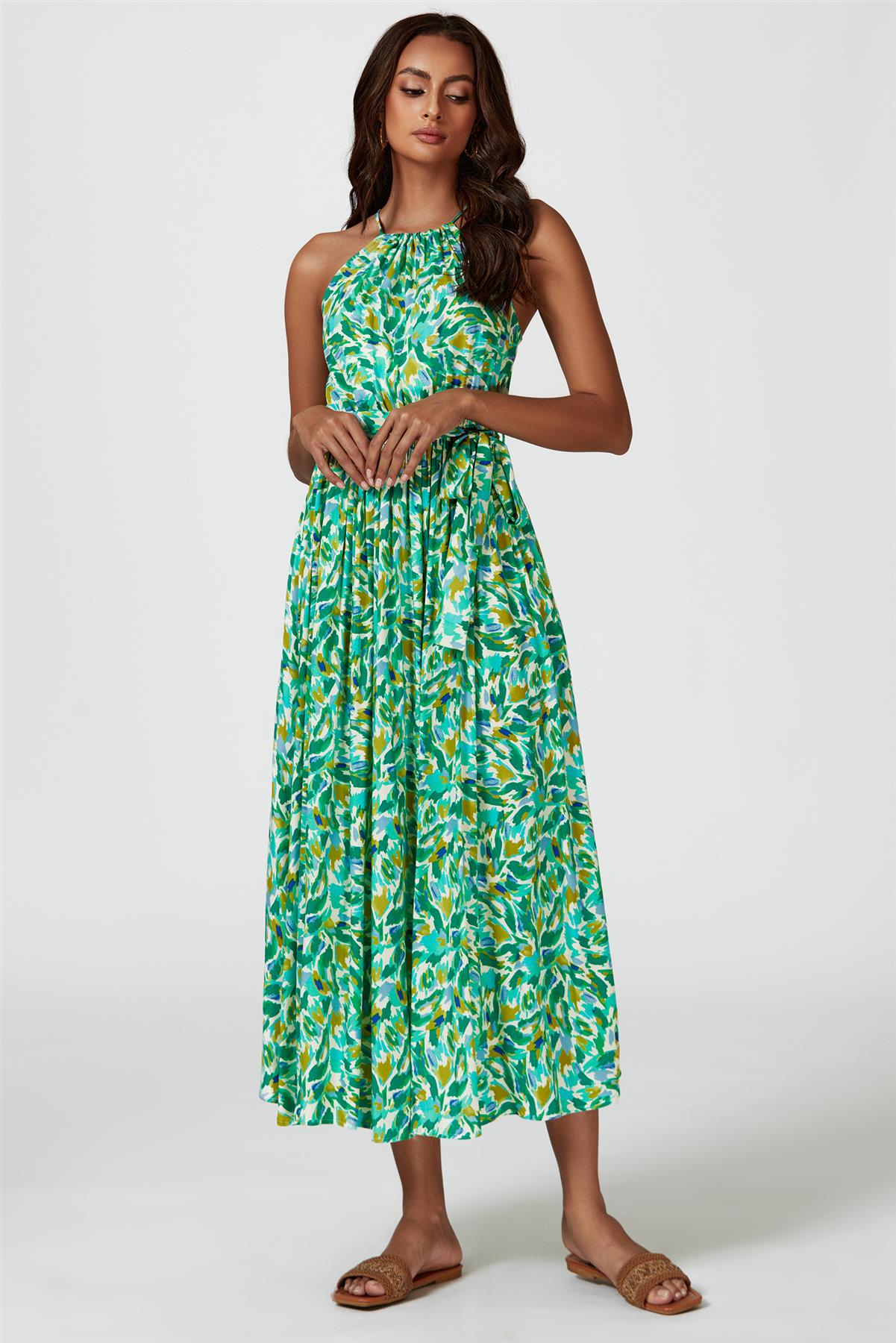 Abstract Print Tie Halterneck Maxi Dress In Green