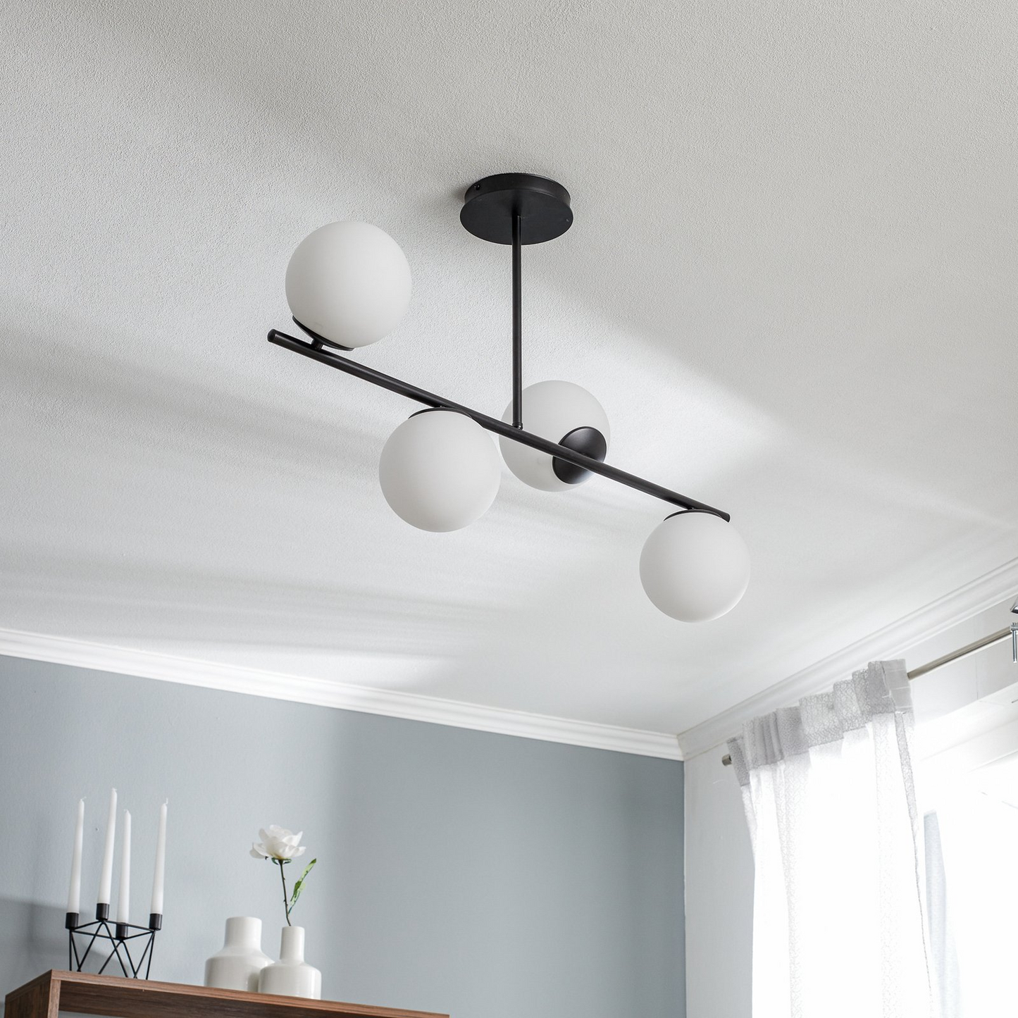 B-flokks Euluna loftlampi, loftljós, lampi, ljós Kabo, 1 armur, svartur, fjögurra ljósa 