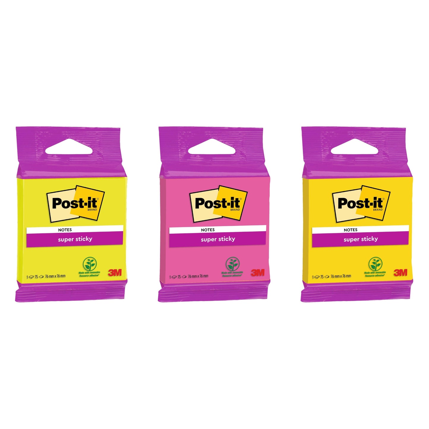 Post-it® Super Sticky Notes 6820S3, 76 x 76 mm, neongrün, neonpink, ultragelb, ultragrün, ultrapink, 1 Block à 75 Blatt, 100% PEFC SGSCH-PEFC-COC-110078 | Packung (1 Stück)