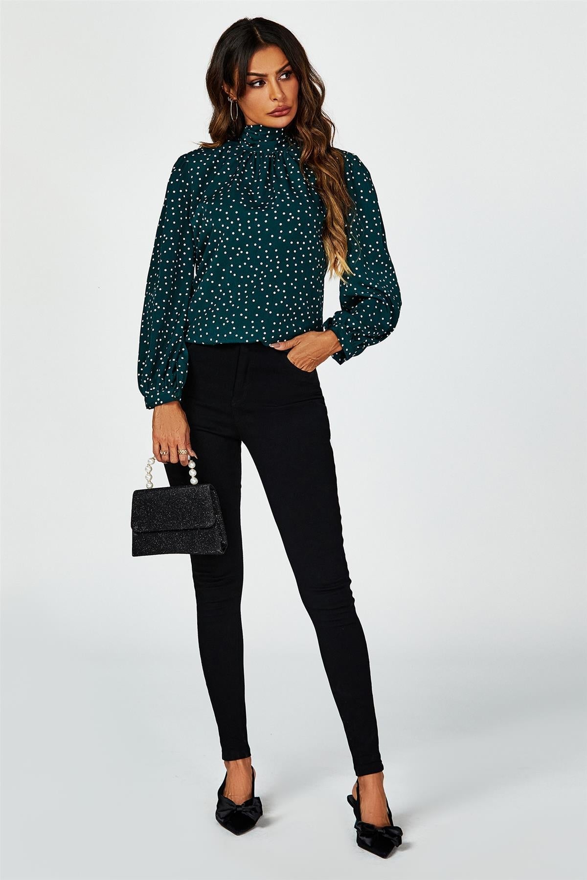 Polka Dot Print Long Sleeve Back Tie Blouse Top In Green