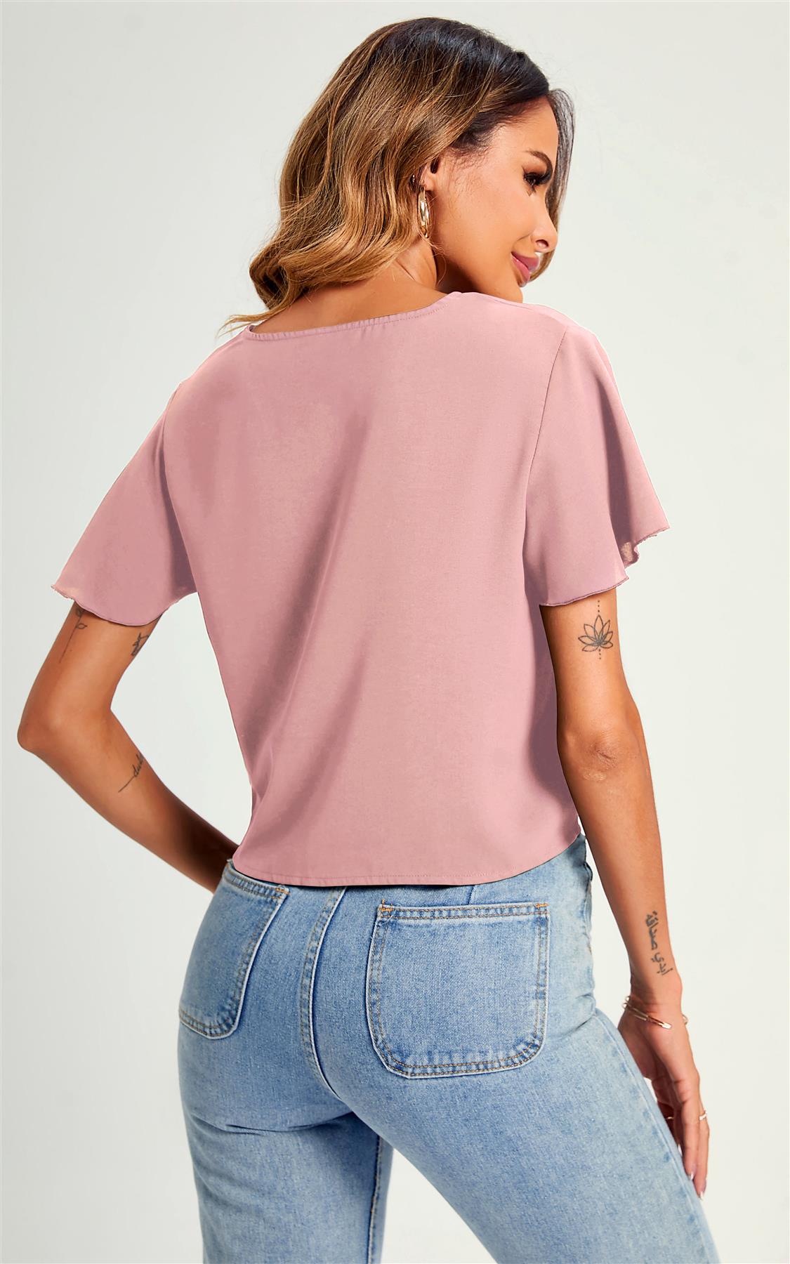 Cute Tie Knot Front Buttoned Crop T Shirt Top In Pink