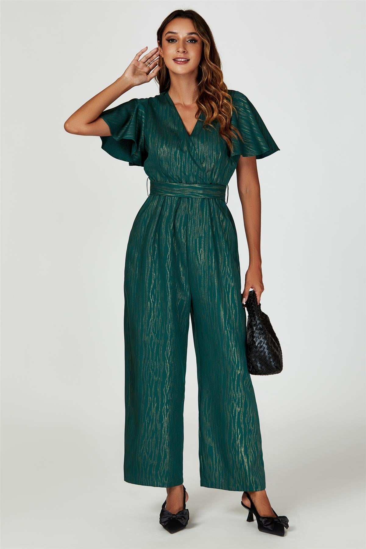 Gold Foil Print Wrap Top Jumpsuit In Green