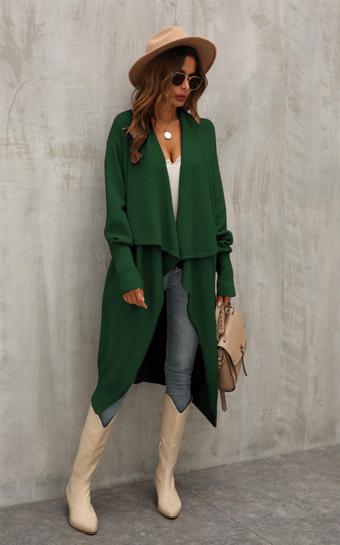 Dark Green Chunky Pleat Oversized Cardigan