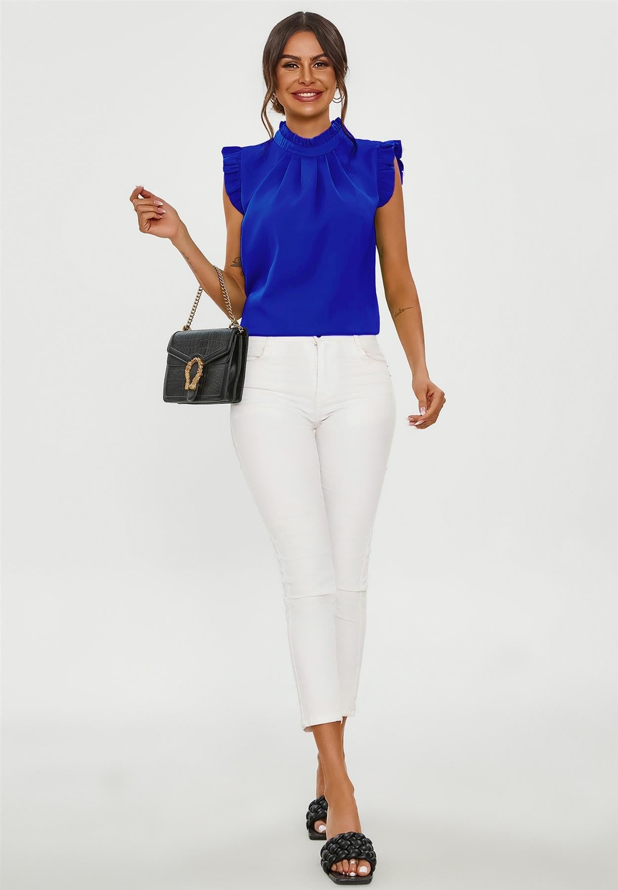 Frill Trim Sleeve High Neck Blouse Top In Royal Blue