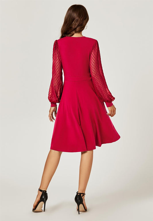 Long Chiffon Sleeve Pleated Midi Dress In Wine 