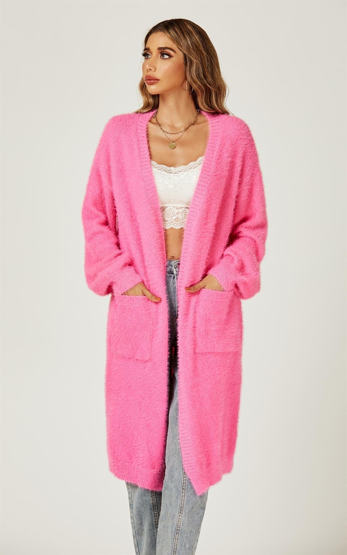 Relaxed Cozy Soft Cardigan In Fuchsia Pink