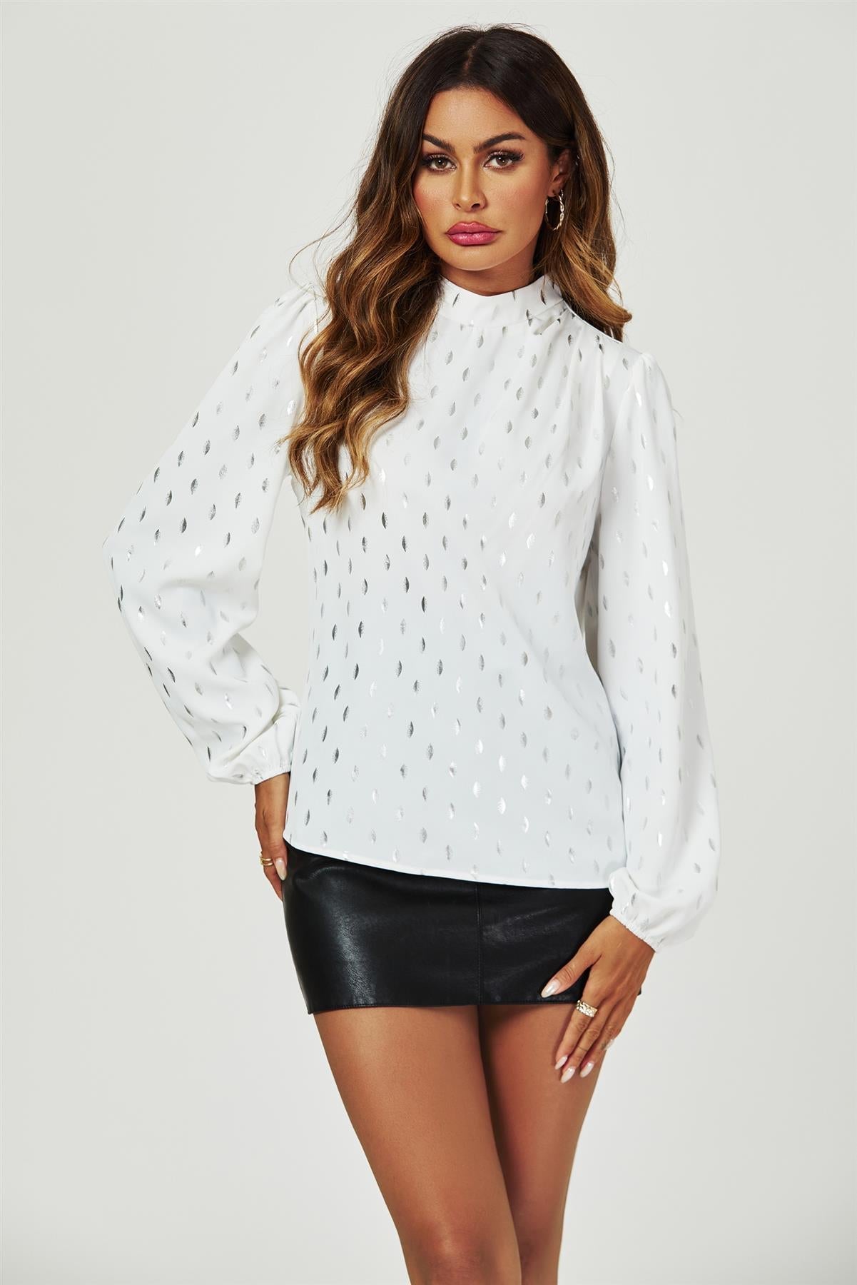 Silver Foil Long Sleeve High Neck Top In White