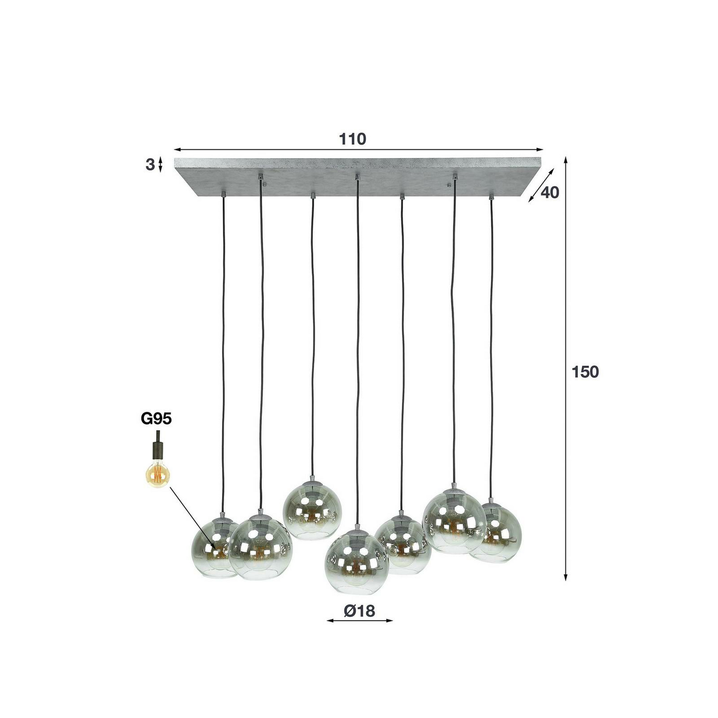 B-flokks Alessandra hengilampi, loftlampi, glerskjáir, sjö ljós