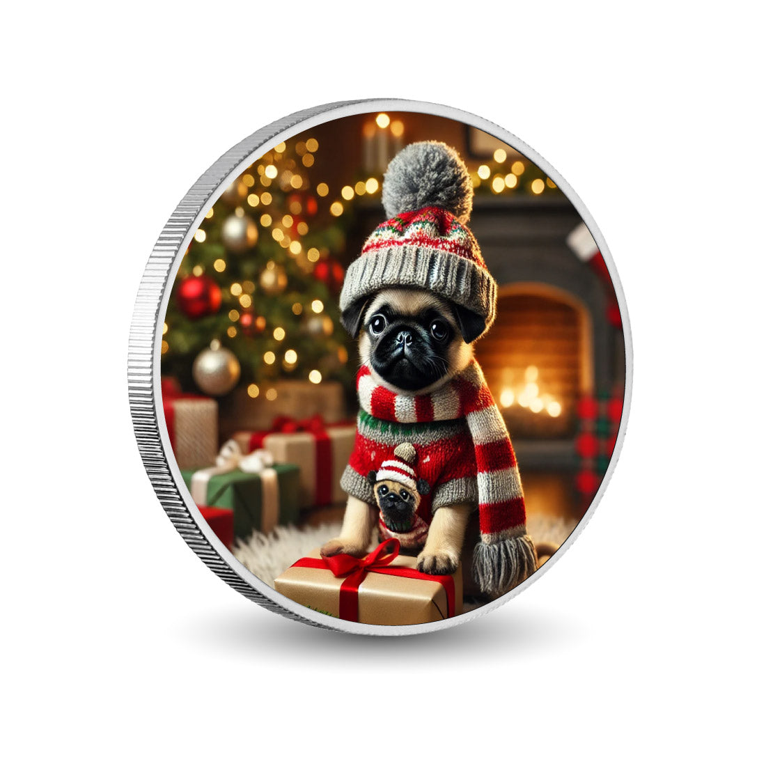 Cozy Christmas Pug 1oz Silver Coloured Coin