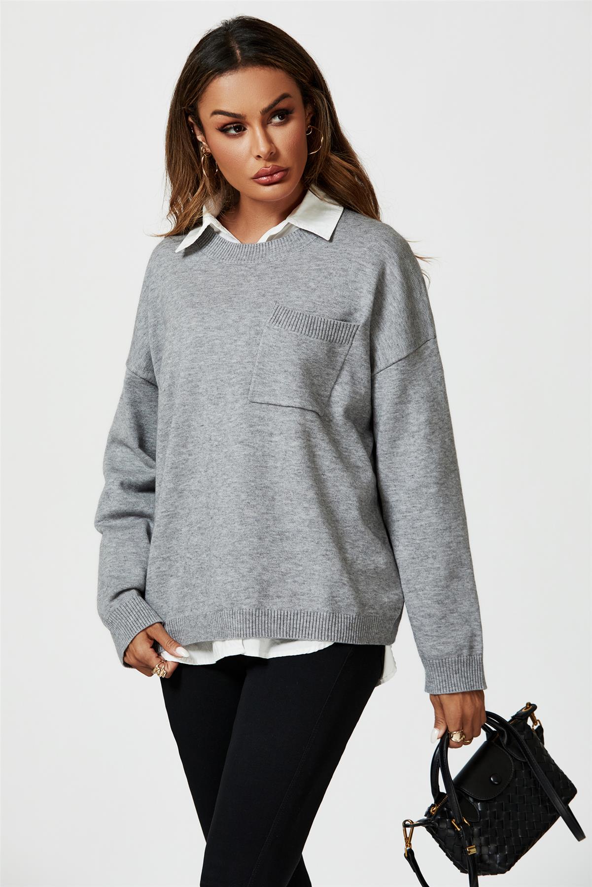 Pocket Detail Knitted Jumper In Grey