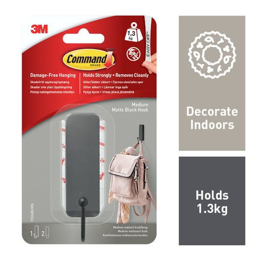Mittelgroßer Command™ mattschwarzer Haken, 17034B, 1 Haken, 2 Strips | Packung (1 Stück)