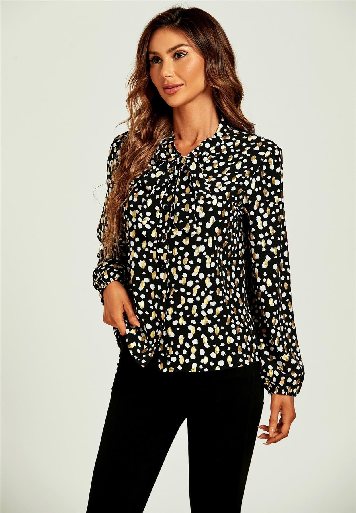 Gold Foil Leopard Print Pussy Bow Blouse/Top In Black