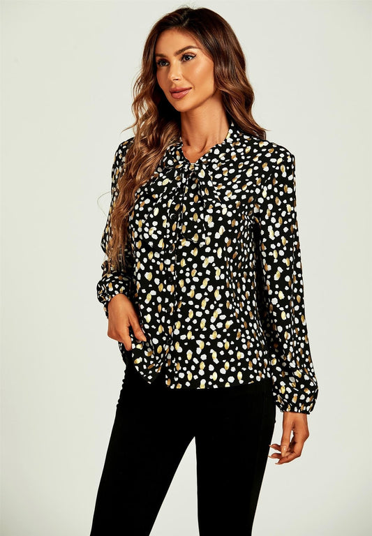 Gold Foil Leopard Print Pussy Bow Blouse/Top In Black