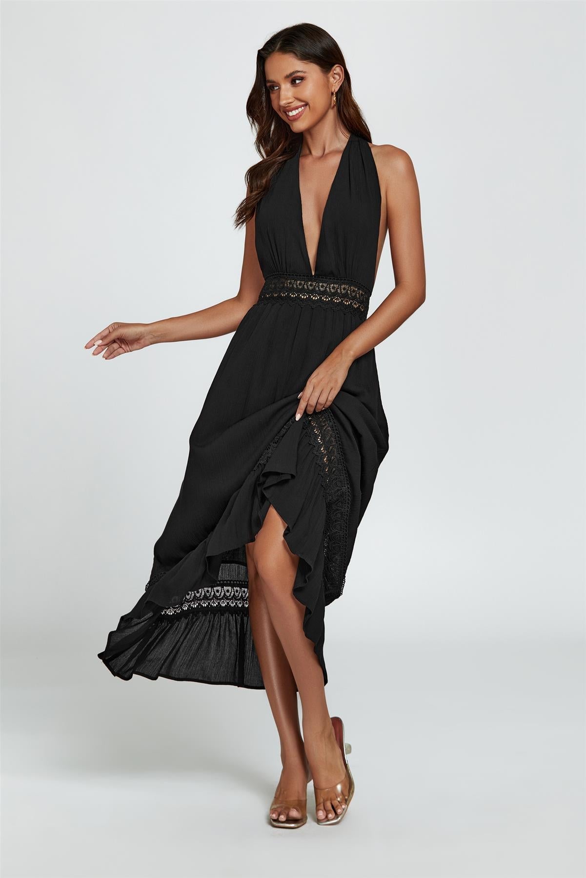Lace Detail Adjustable Deep V Neckline Maxi Dress In Black