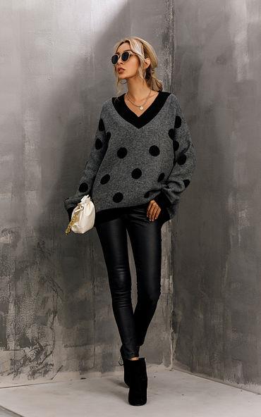 V Neck Jumper In Charcoal Grey & Black Polka Dot Print