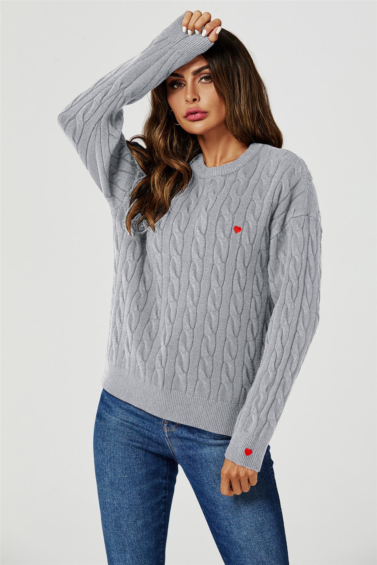 Heart Embroidery Jumper Top In Grey