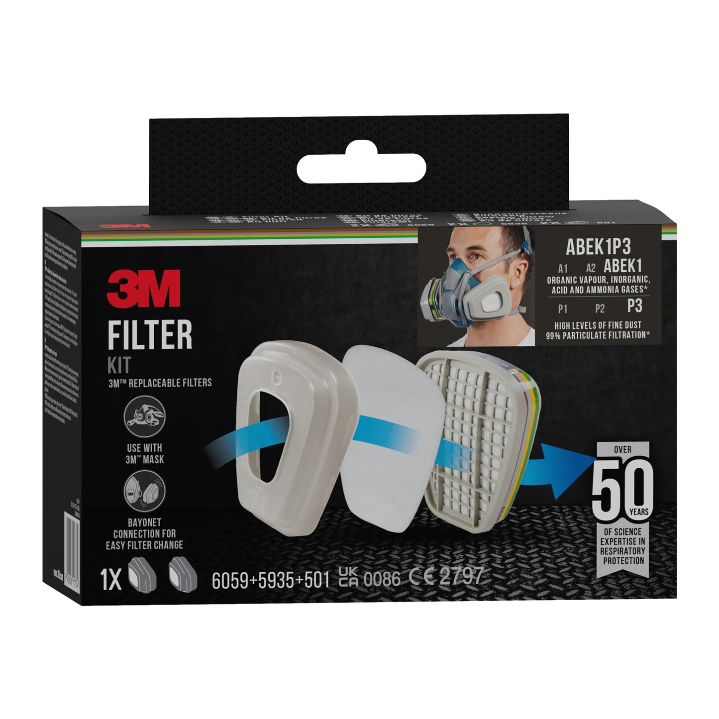 3M™ Filtersatz 6004-1, ABEK1P3 Kombinationsfilter (2x6059, 2x5935, 2x501) | Packung (1 Stück)