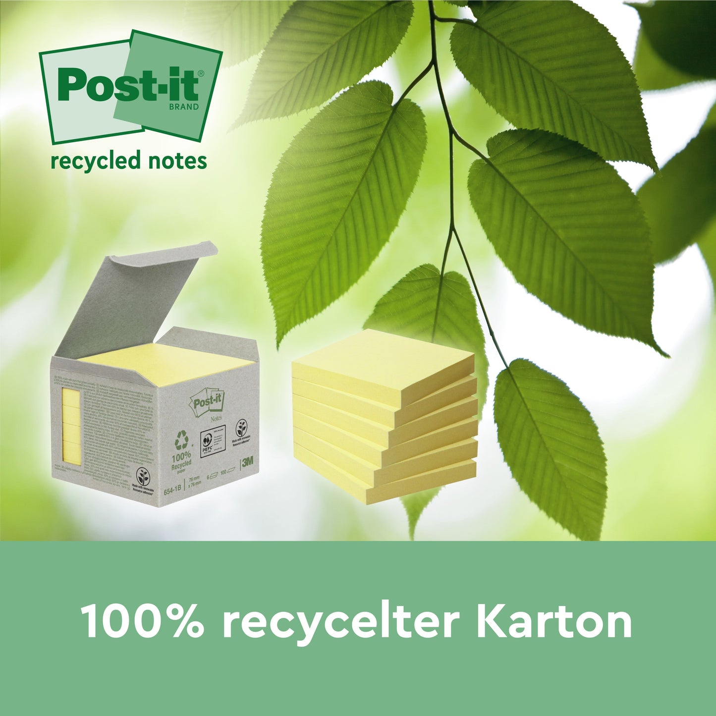 Post-it® Recycling Z-Notes, 76 mm x 76 mm, 100 Blatt/Block, 100% PEFC