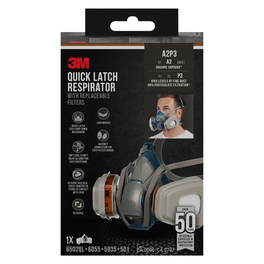 3M™ Quick Latch-Atemschutzmaske 6502QLKIT-1 mit austauschbaren Filtern, A2P3 organische Dämpfe (1x6502, 2x6055, 2x5935, 2x501) | Packung (1 Stück)