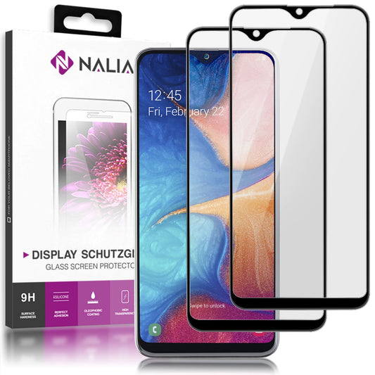 NALIA 2x hlífðargler fyrir Samsung Galaxy A20e, 9H hertu filmu sem hlífir skjánum fullkomlega